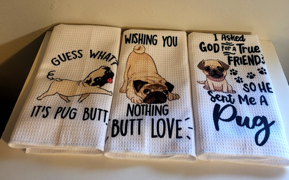 Lot of 3 Funny Pug Dish Towels White Decorative Waffle Weave Kitchen Hand Towels